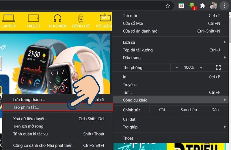 Chọn "Tạo phím tắt" để lưu trang web dưới dạng shortcut