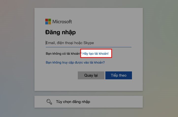 Chọn tạo tài khoản mới