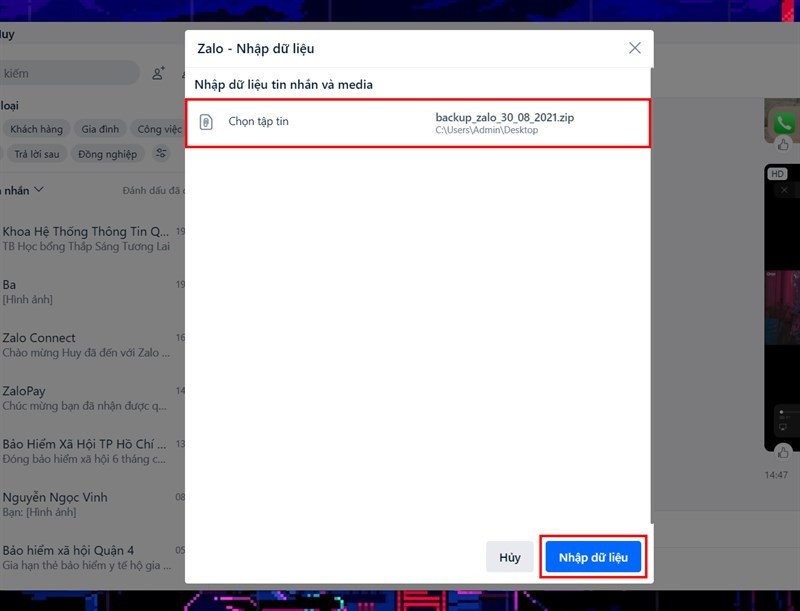 Chọn tập tin sao lưu và thực hiện nhập dữ liệu Zalo trên laptop