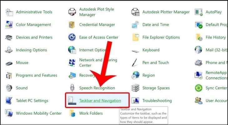 Chọn Taskbar and Navigation trong Control Panel
