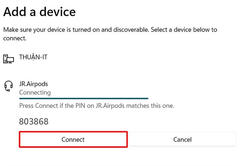 Chọn tên AirPods trong danh sách thiết bị Bluetooth để hoàn tất hướng dẫn kết nối airpod với laptop