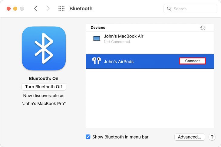 Chọn tên AirPods trong danh sách thiết bị Bluetooth để kết nối với MacBook