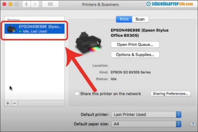 Chọn tên máy in bạn muốn kết nối không dây từ danh sách trên macOS