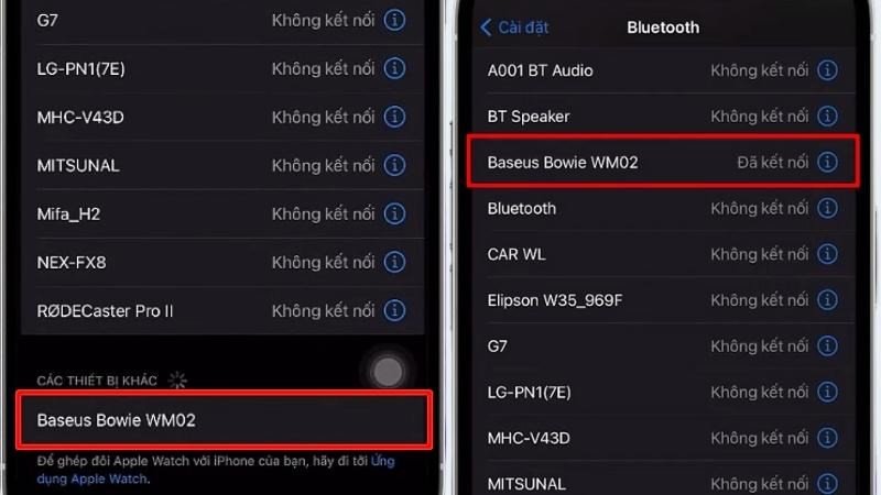 chọn tên tai nghe Baseus trên danh sách thiết bị Bluetooth để ghép nối thành công