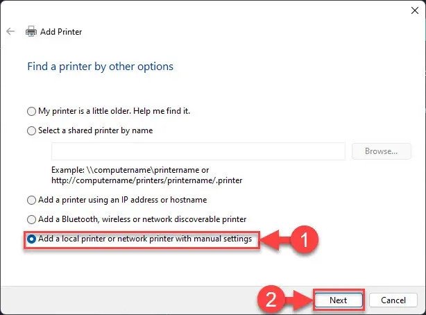 chọn thêm máy in canon thủ công