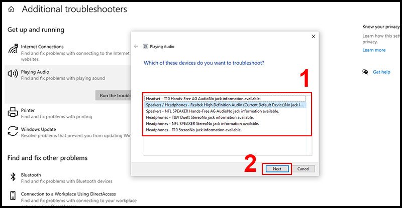 Chọn thiết bị âm thanh có vấn đề khi âm thanh laptop bị nhỏ