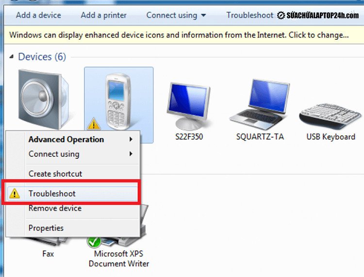 Chọn thiết bị Bluetooth bị lỗi trong Devices and Printers để Troubleshoot