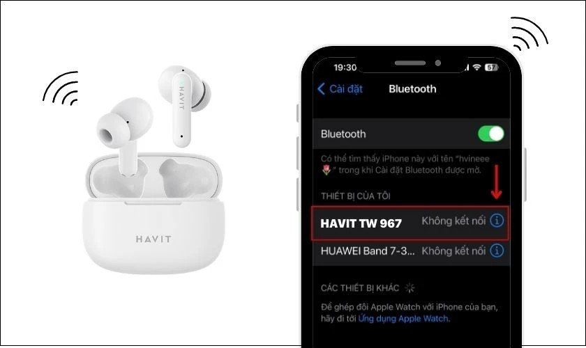 Chọn thiết bị Havit TW 967 từ danh sách Bluetooth trên điện thoại