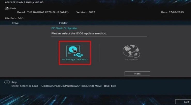 Chọn thiết bị lưu trữ để tải file cập nhật BIOS