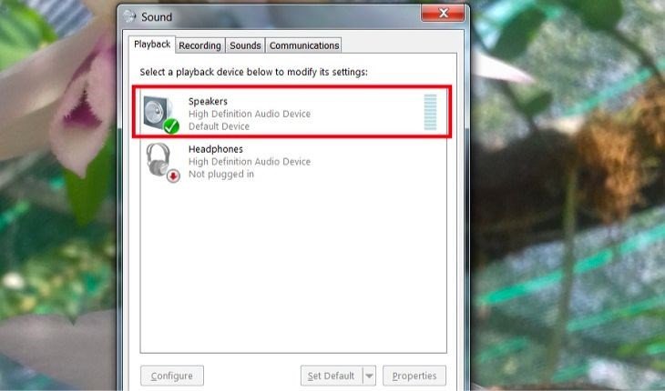 Chọn thiết bị Speakers trong danh sách Playback Devices để kiểm tra