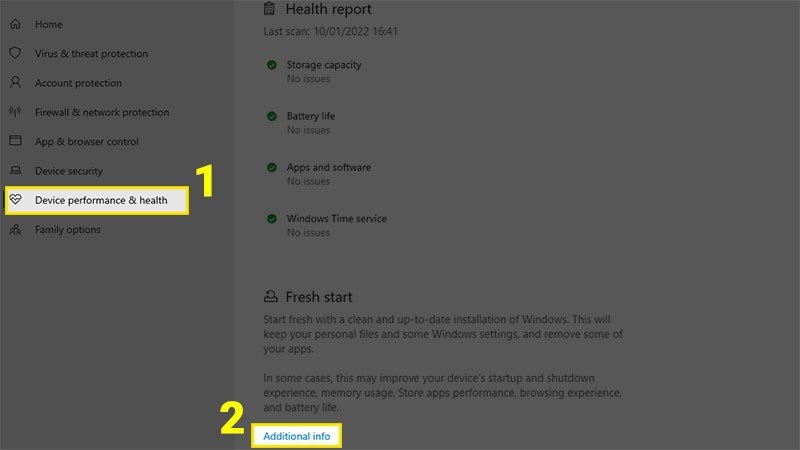 Chọn thông tin bổ sung trong mục Fresh start của Windows Security