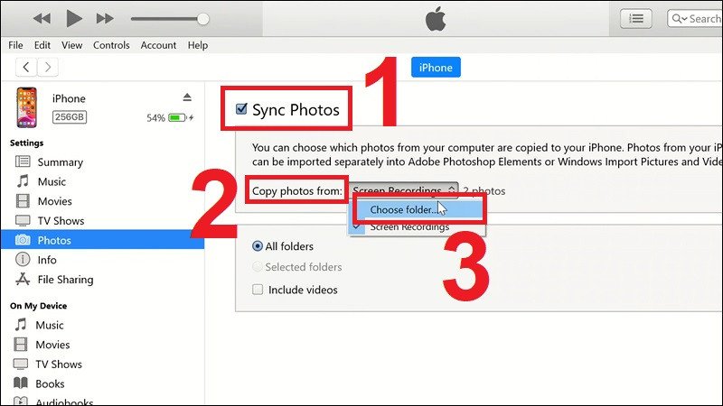 Chọn thư mục chứa ảnh trên laptop để đồng bộ hóa với iTunes