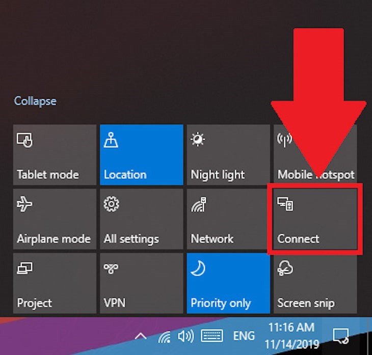Chọn tính năng Connect trong Action Center để kết nối laptop làm màn hình phụ