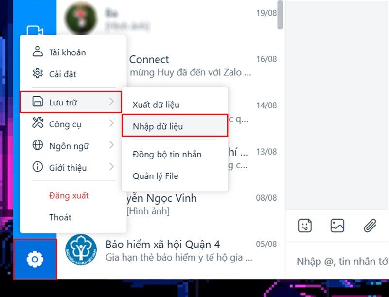 Chọn tính năng Nhập dữ liệu trong mục Lưu trữ để khôi phục các cuộc trò chuyện Zalo