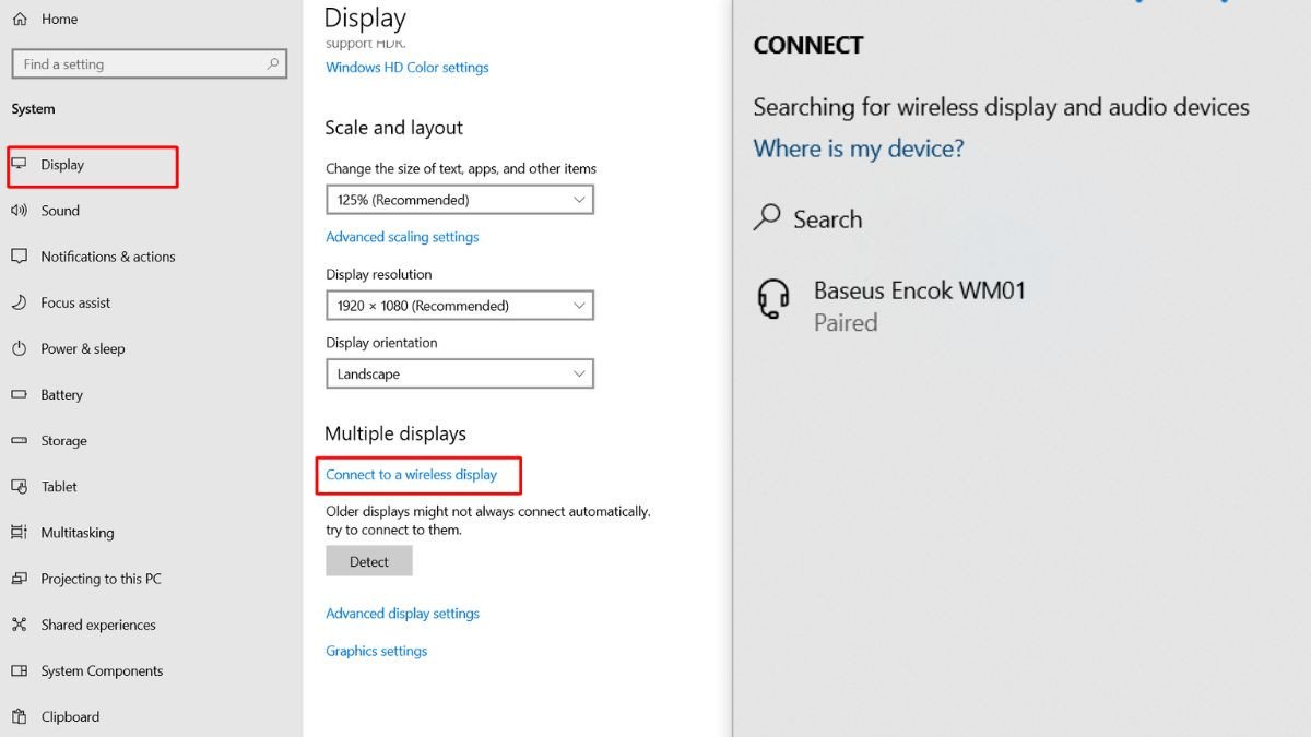 Chọn tivi trong danh sách thiết bị hiển thị không dây của laptop