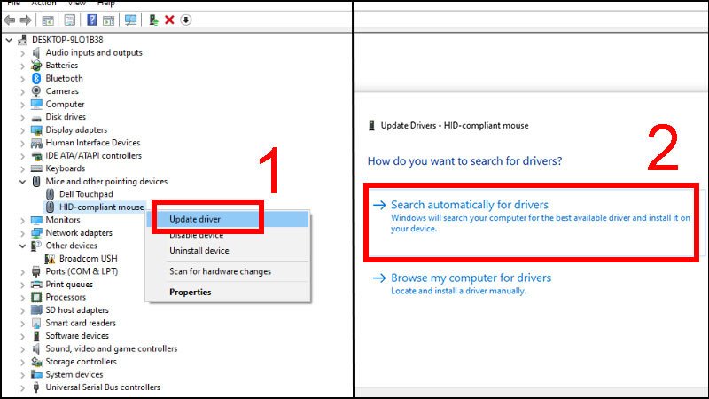Chọn tự động cập nhật driver cho thiết bị chuột cảm ứng để sửa lỗi không click được