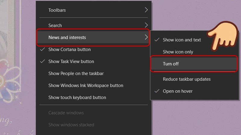 Chọn "Turn off" để vô hiệu hóa tiện ích dự báo thời tiết