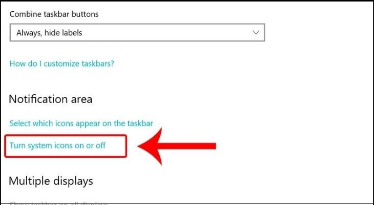 Chọn 'Turn system icons on or off' để kiểm soát biểu tượng WiFi trên thanh tác vụ của Dell.