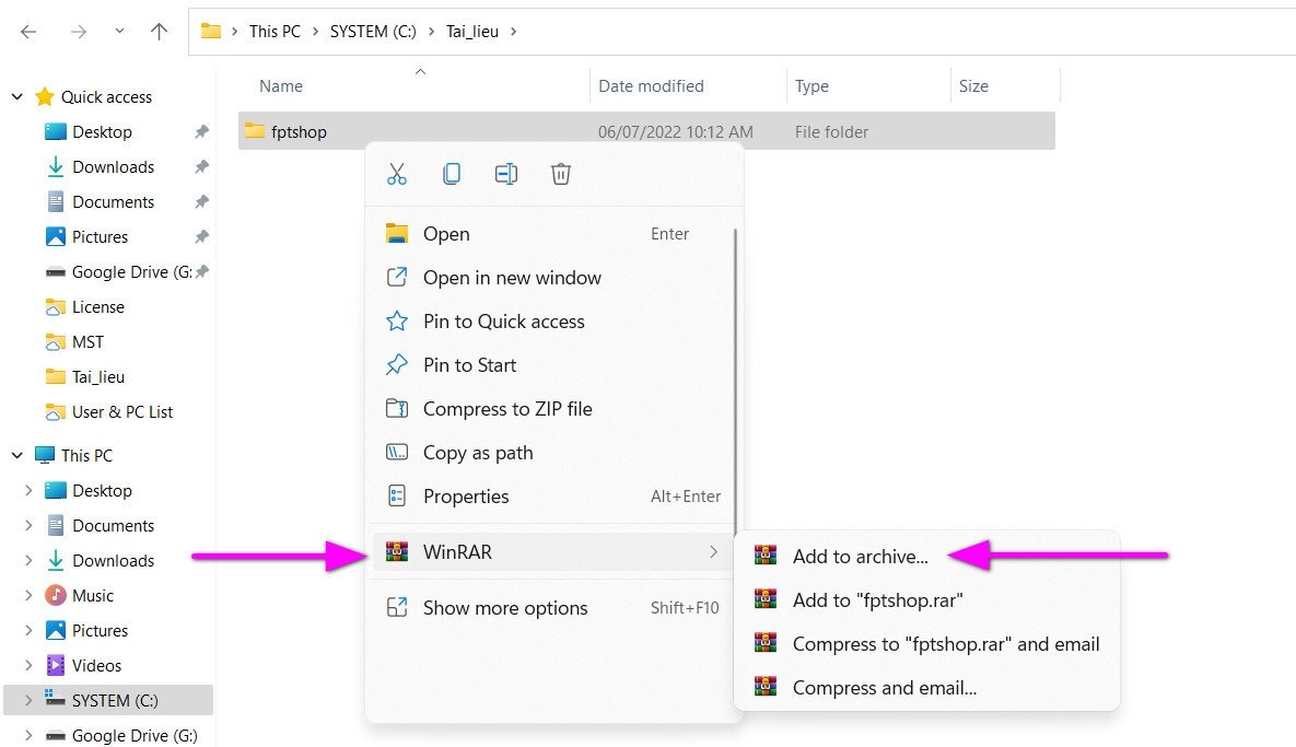 Chọn tùy chọn Add to Archive của WinRAR để xóa thư mục