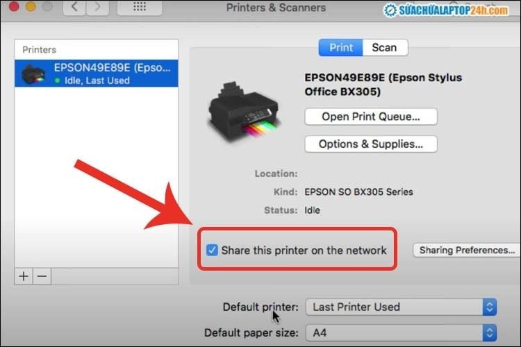 Chọn tùy chọn chia sẻ máy in không dây qua mạng trên MacOS