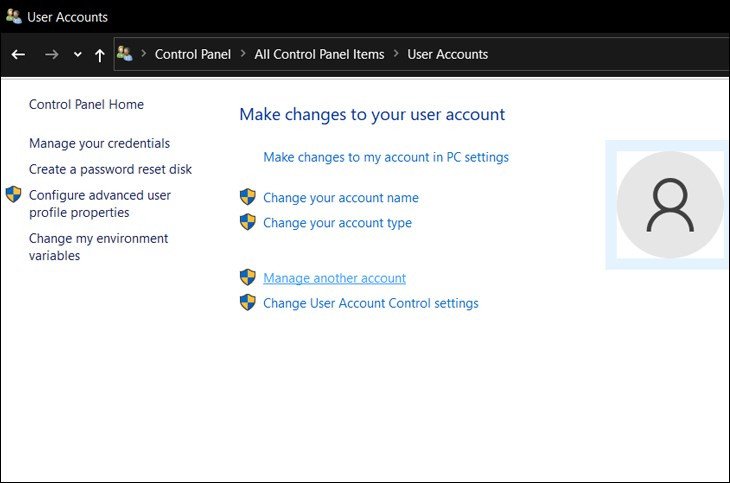 Chọn tùy chọn Manage another account trong Control Panel để thay đổi mật khẩu laptop