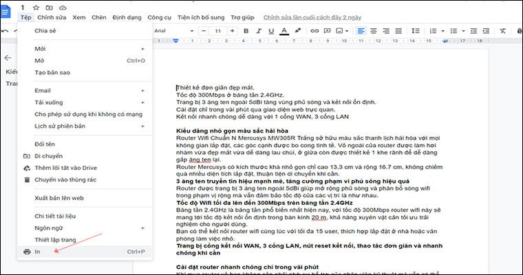 Chọn tùy chọn Print từ menu File trong tài liệu