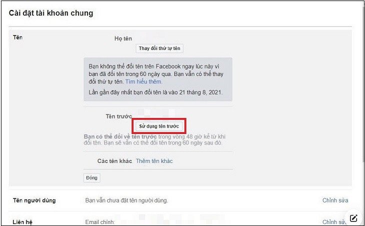 Chọn tùy chọn Sử dụng tên trước để khôi phục tên cũ trên Facebook