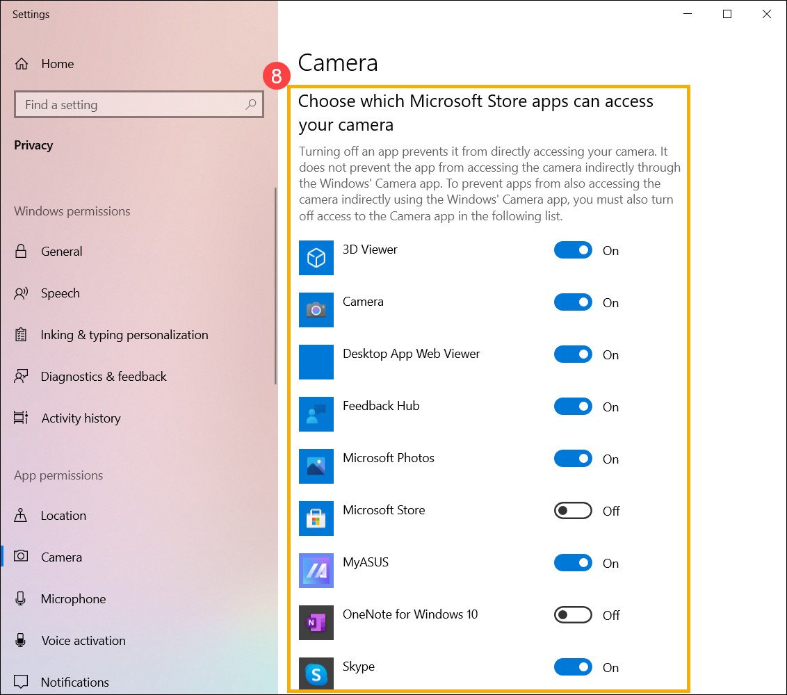 Chọn ứng dụng có quyền truy cập camera để bảo vệ quyền riêng tư khi mở camera trên laptop Asus trên Windows 10.