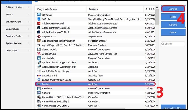 Chọn ứng dụng và nhấn Uninstall để xóa trên laptop bằng CCleaner