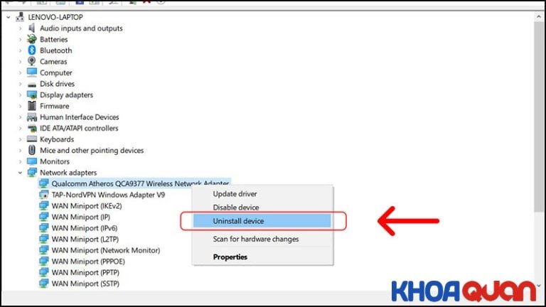 Chọn Uninstall Device cho driver wifi