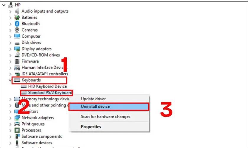 Chọn Uninstall device để tắt bàn phím laptop HP