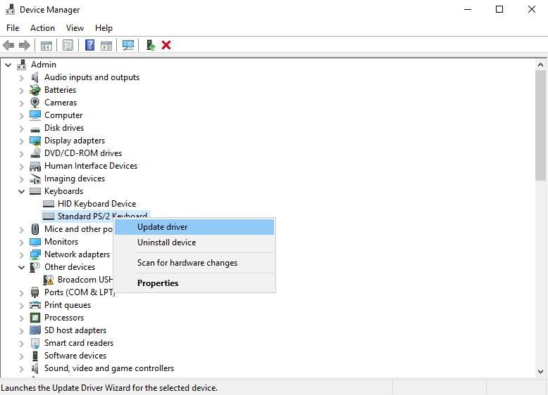 Chọn Update Driver để cập nhật driver bàn phím