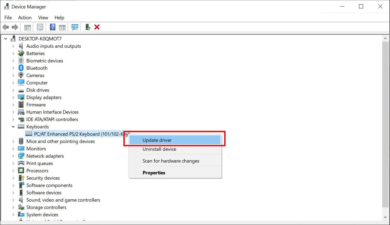 Chọn Update Driver để sửa lỗi driver bàn phím bị liệt