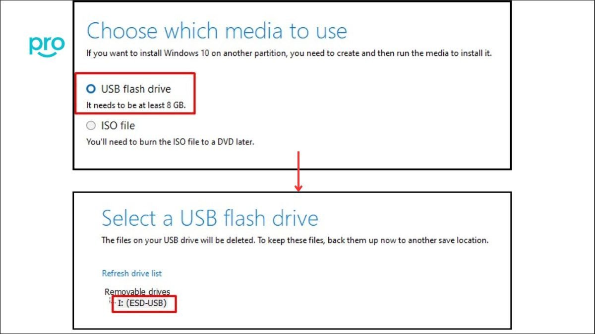 Chọn USB flash drive > Chọn USB của bạn và ấn Next