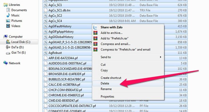 Chọn và xóa tất cả các file trong thư mục Prefetch, giúp tối ưu hiệu suất máy tính.