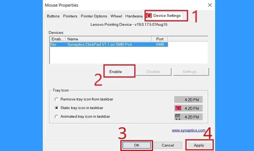 Chọn vào Device Settings rồi chọn Enable để bật chuột