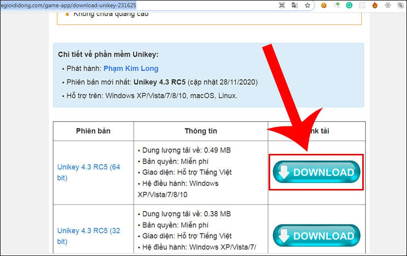 Chọn vào DOWNLOAD để tải phiên bản Unikey phù hợp