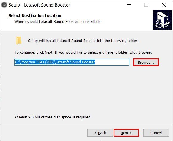 Chọn vị trí cài đặt phần mềm Sound Booster trên máy tính