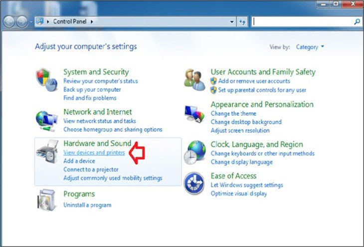 Chọn View Devices and Printers trên Control Panel