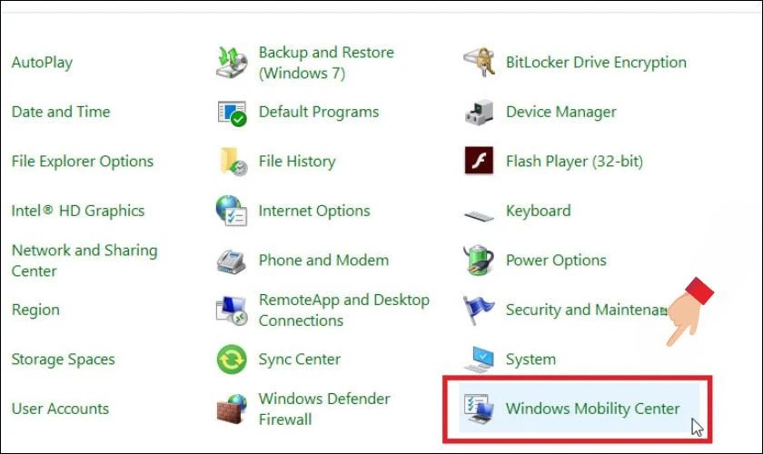 Chọn Windows Mobility Center để điều chỉnh cách mở đèn bàn phím laptop Asus Vivobook