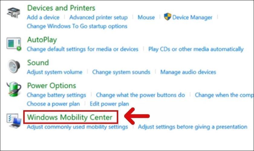 Chọn Windows Mobility Center để điều chỉnh đèn bàn phím laptop