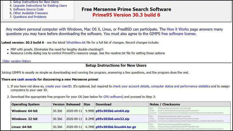 Chương trình Prime95 dùng để stress test CPU laptop