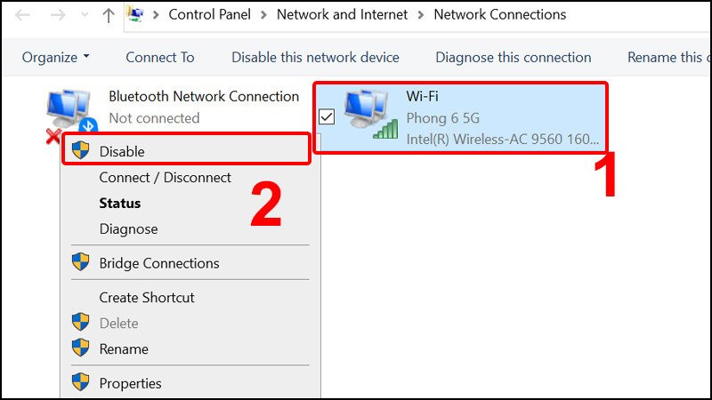 Chuột phải vào Wireless Network Connection và chọn Disable