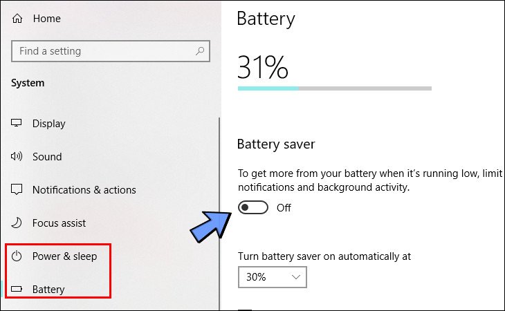 Chuyển đổi trạng thái bật/tắt chức năng tiết kiệm pin laptop trực tiếp trong cài đặt System của Windows.