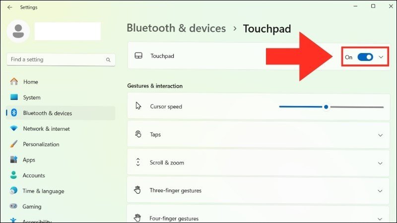 Chuyển trạng thái sang On để kích hoạt Touchpad của bạn