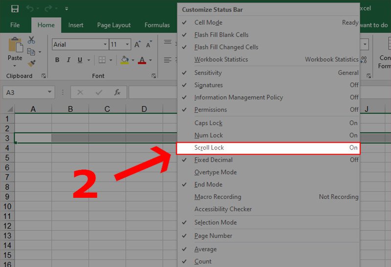 Click chuột phải vào thanh trạng thái phía dưới cuối màn hình Excel