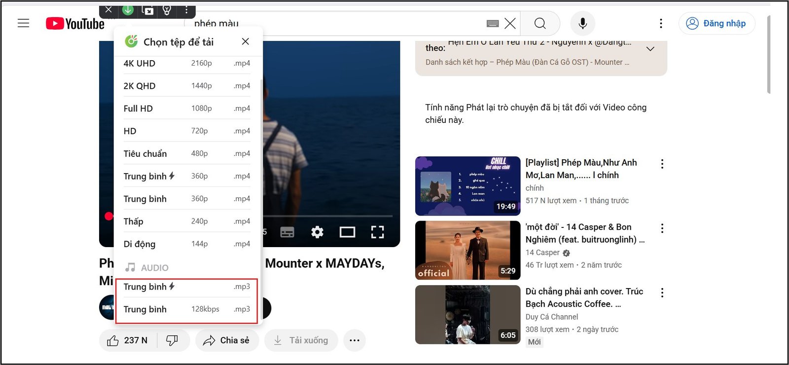Click vào mũi tên tải xuống và chọn Audio trên Cốc Cốc
