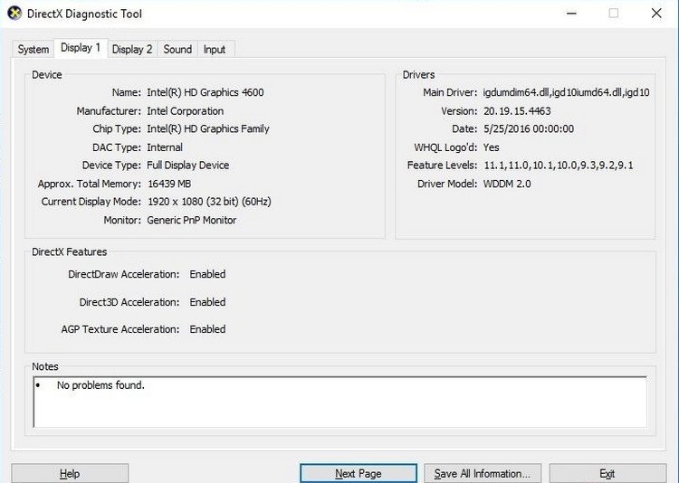 Công cụ DirectX Diagnostic Tool hiển thị thông tin driver card màn hình, giúp tìm nguyên nhân màn hình laptop giật.