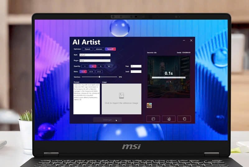 Công nghệ AI tiên tiến tích hợp trên laptop MSI Prestige 14 AI Studio, bao gồm MSI AI Engine và AI Artist, tối ưu hóa hiệu suất và khả năng sáng tạo.