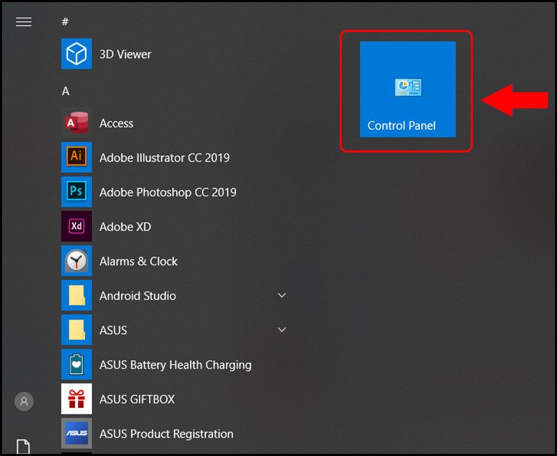 Control Panel trong phần ghim của Start Menu